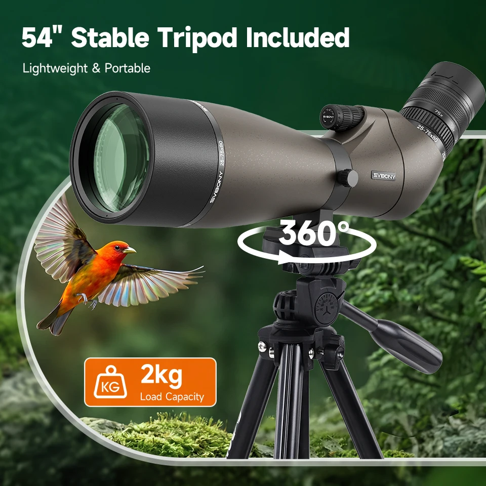 Svbony SV29 Telescope 25-75x80mm FMC Removable 1.25" Eyepiece Dovetail Slot Spotting Scope for Birdwatching Moon-viewing Camping