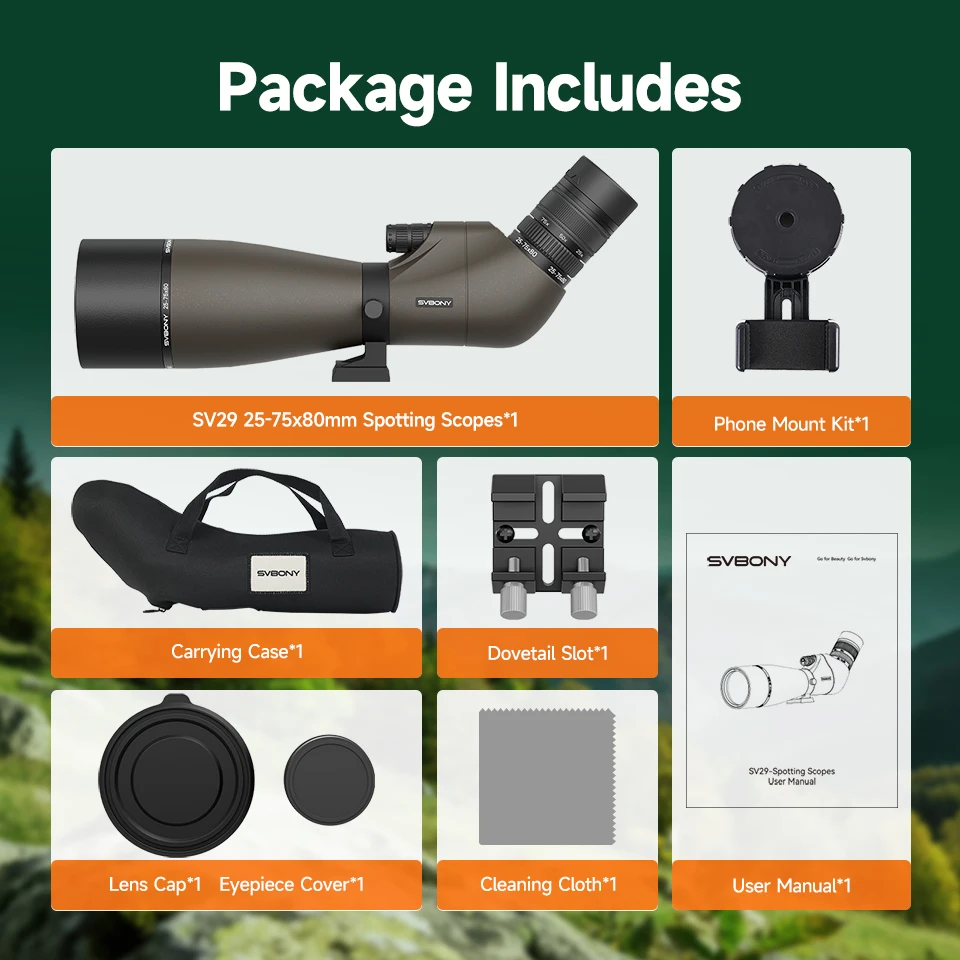 Svbony SV29 Telescope 25-75x80mm FMC Removable 1.25" Eyepiece Dovetail Slot Spotting Scope for Birdwatching Moon-viewing Camping