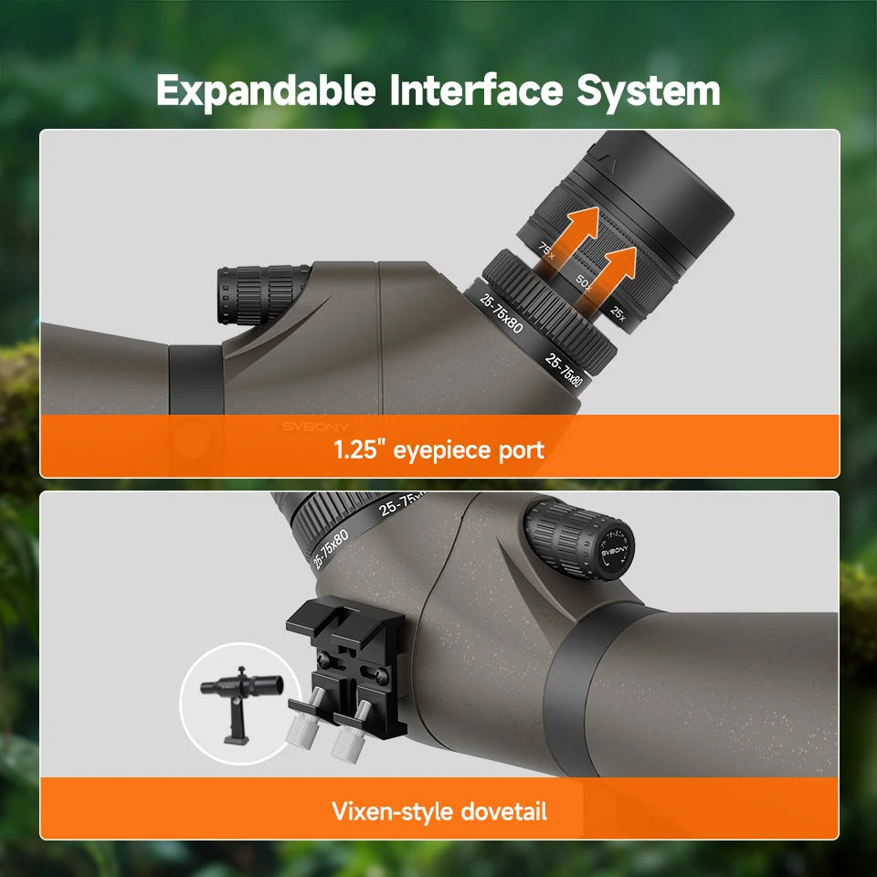 Svbony SV29 Telescope 25-75x80mm FMC Removable 1.25" Eyepiece Dovetail Slot Spotting Scope for Birdwatching Moon-viewing Camping