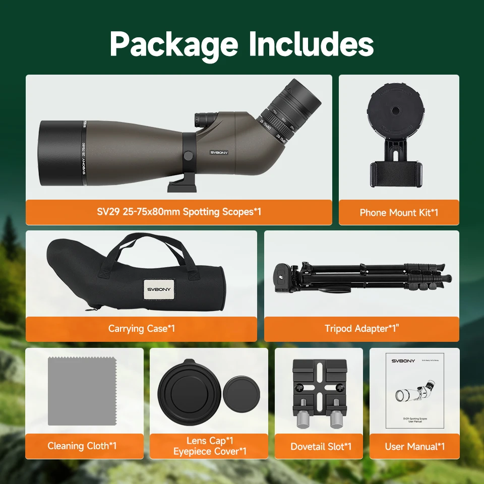 Svbony SV29 Telescope 25-75x80mm FMC Removable 1.25" Eyepiece Dovetail Slot Spotting Scope for Birdwatching Moon-viewing Camping