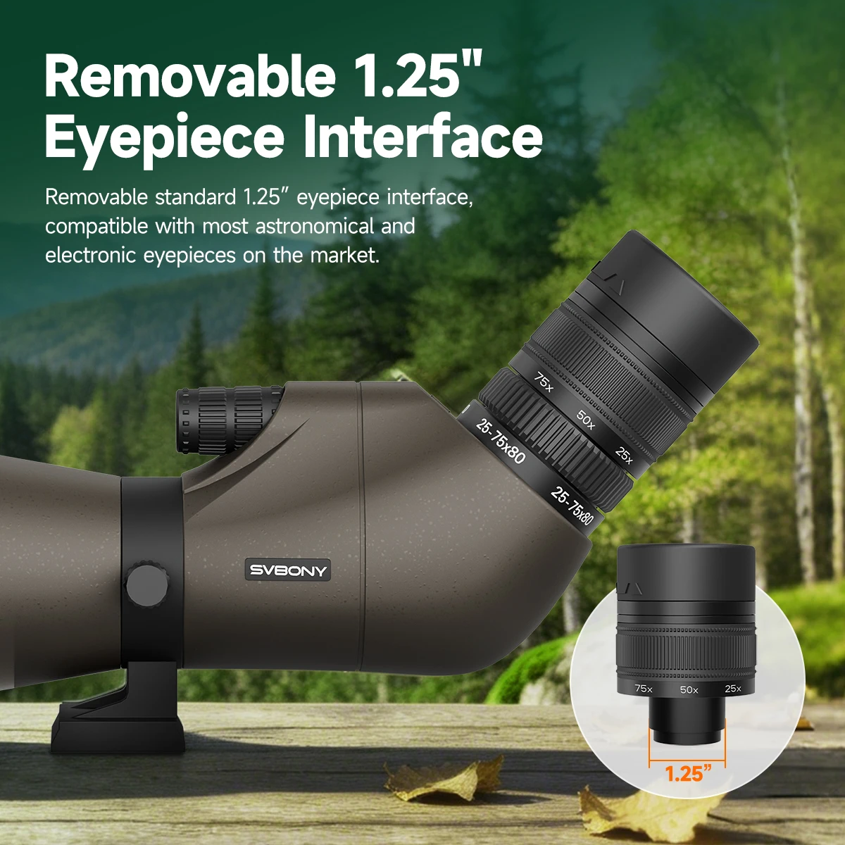 Svbony SV29 Telescope 25-75x80mm FMC Removable 1.25" Eyepiece Dovetail Slot Spotting Scope for Birdwatching Moon-viewing Camping