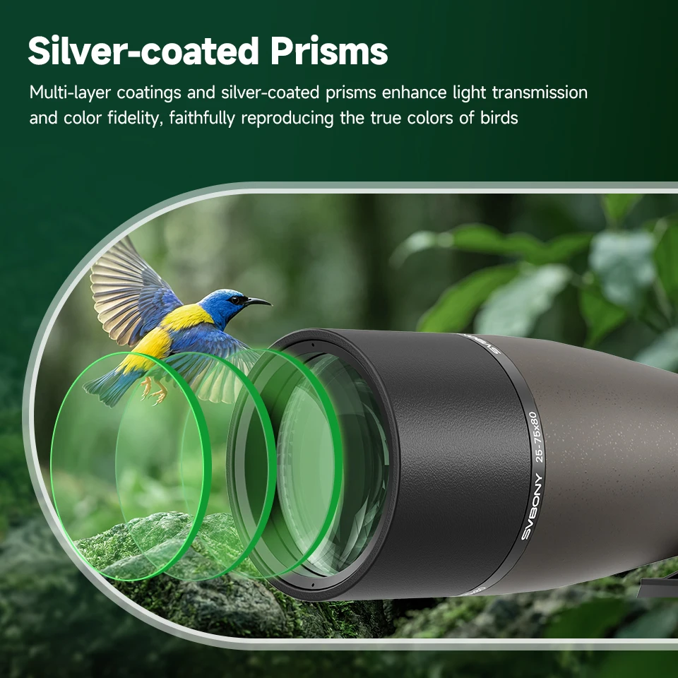 Svbony SV29 Telescope 25-75x80mm FMC Removable 1.25" Eyepiece Dovetail Slot Spotting Scope for Birdwatching Moon-viewing Camping