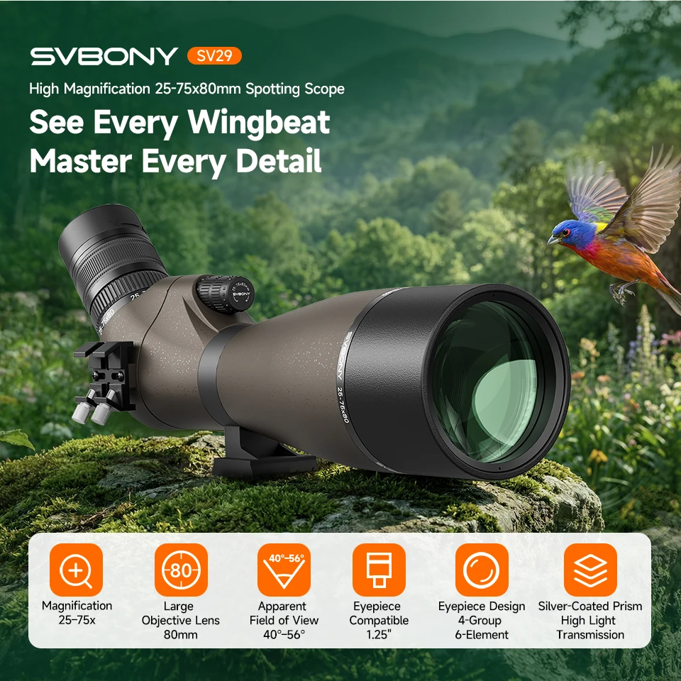 Svbony SV29 Telescope 25-75x80mm FMC Removable 1.25" Eyepiece Dovetail Slot Spotting Scope for Birdwatching Moon-viewing Camping