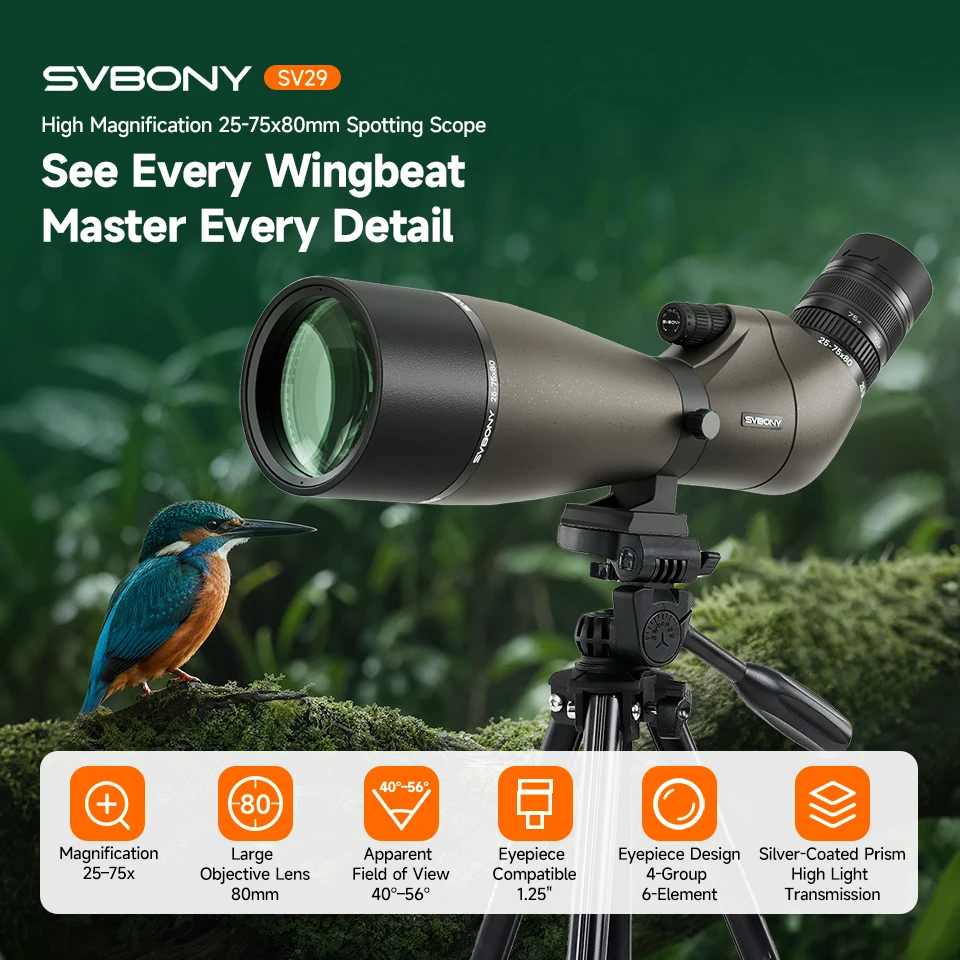 Svbony SV29 Telescope 25-75x80mm FMC Removable 1.25" Eyepiece Dovetail Slot Spotting Scope for Birdwatching Moon-viewing Camping