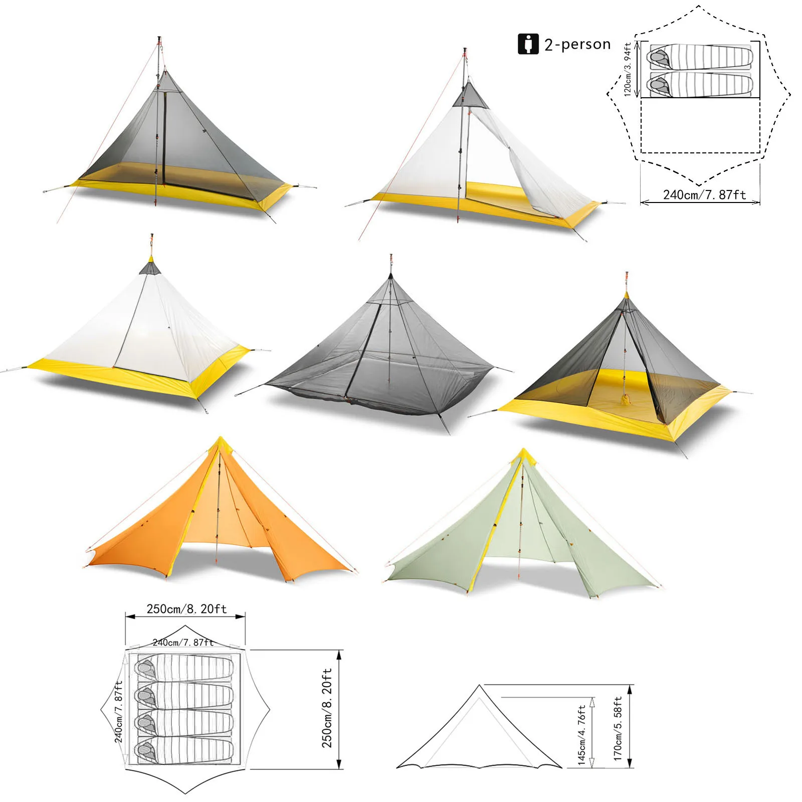 Ultralight Camping Tent 2-4 Person Outdoor 40D Nylon Silicone Coated Rodless Pyramid Large Tent Breathable 3-4 Season Inner Tent