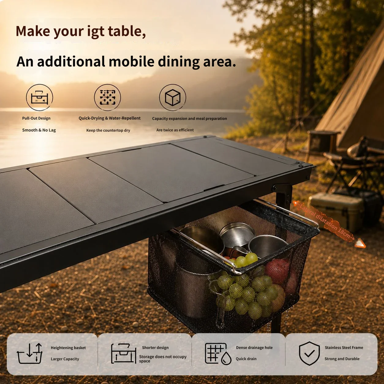 IGT Table Pull-Out Drain Basket Portable Lightweight Foldable Drain Basket Camping Table Storage Bag IGT Table Accessories