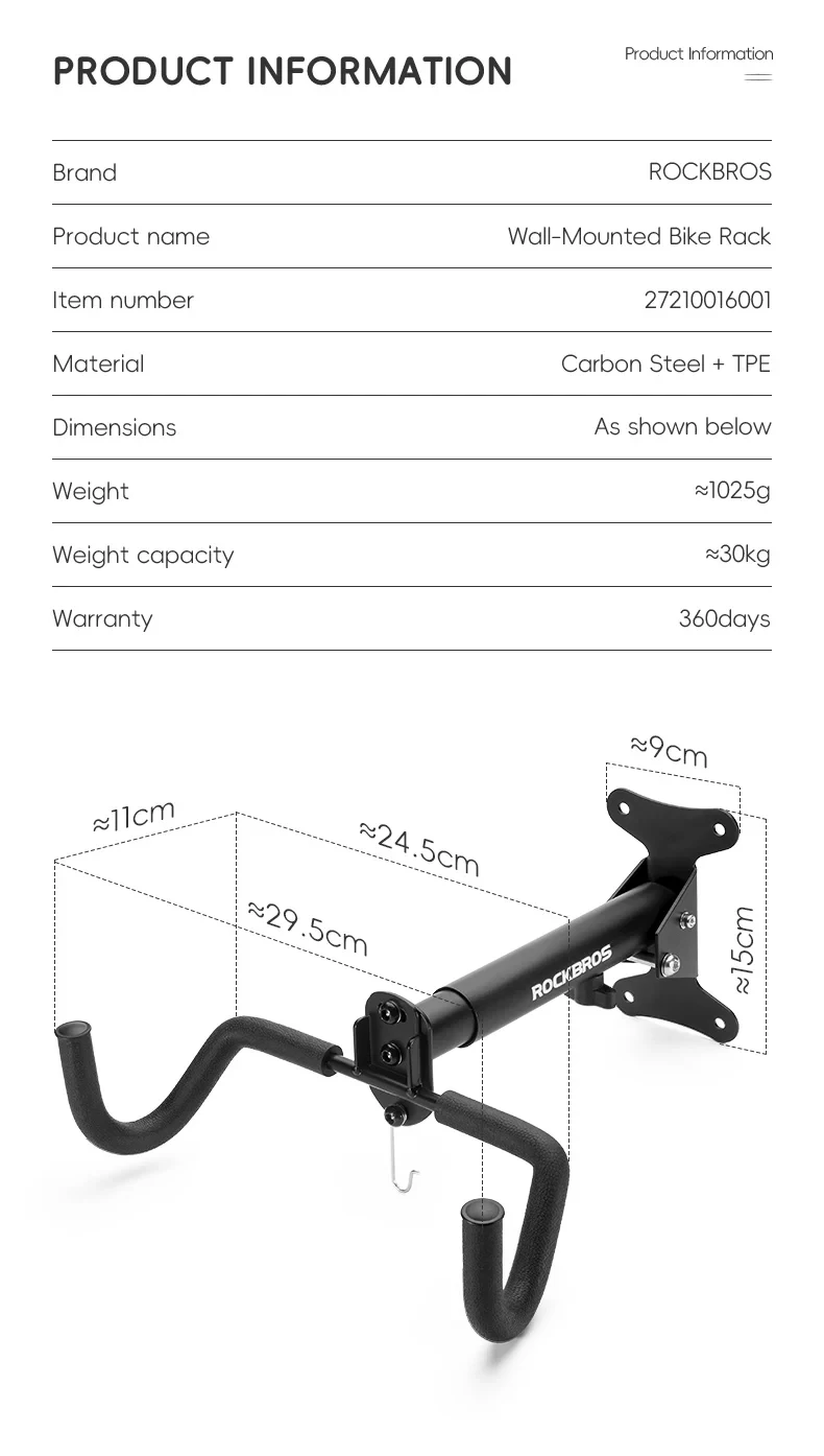 ROCKBROS Local Ship Bike Rack Wall Mount Garage Home Adjustable Rack Horizontal Bike Hook Thickened Reinforced Bike Holder