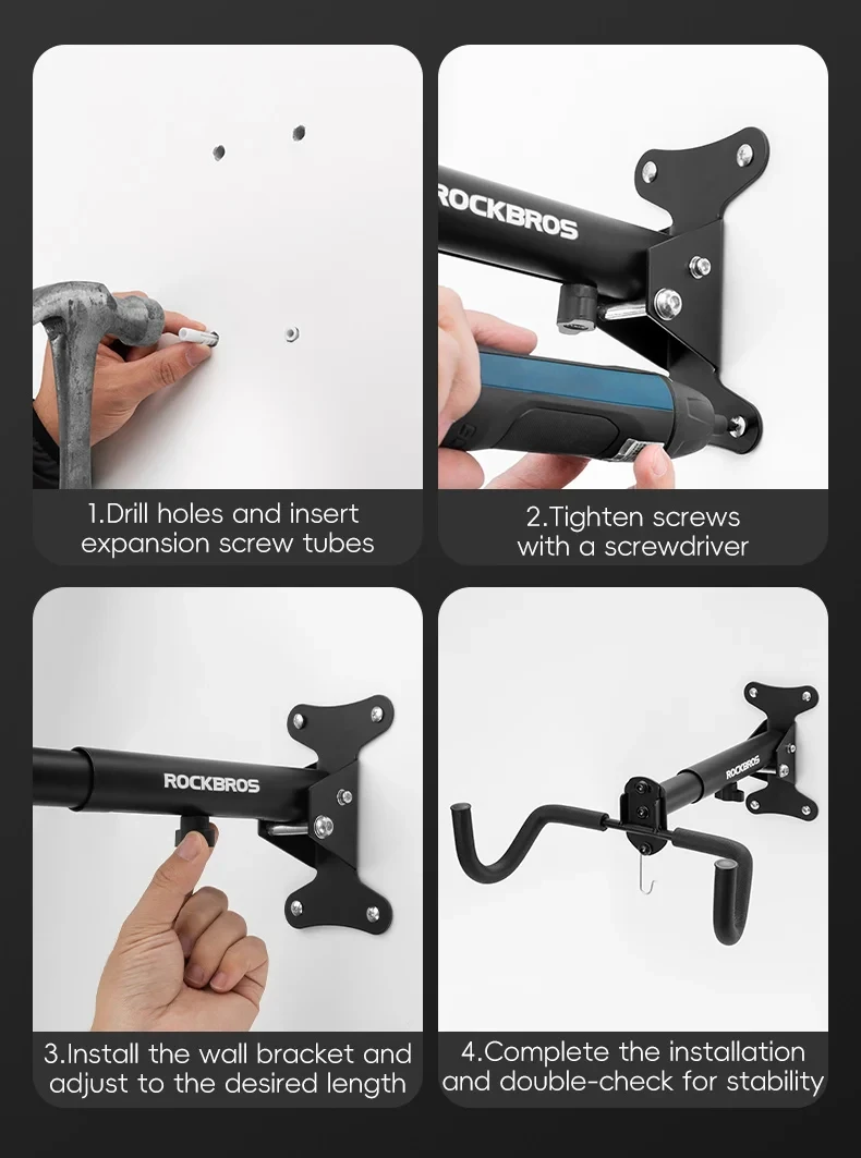 ROCKBROS Local Ship Bike Rack Wall Mount Garage Home Adjustable Rack Horizontal Bike Hook Thickened Reinforced Bike Holder