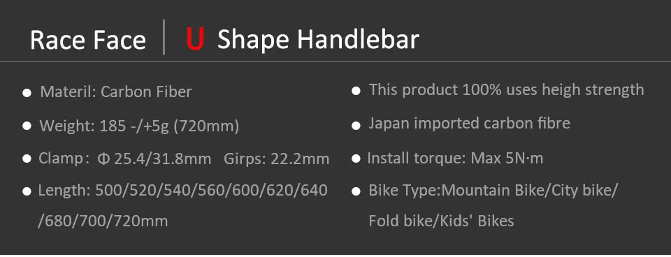 Race Face Next Mountain/Folded Bike 3K Matte Full Carbon Fibre U Shape Bike Handlebar Bright Logo Clamp 25.4/31.8mm Bike Parts