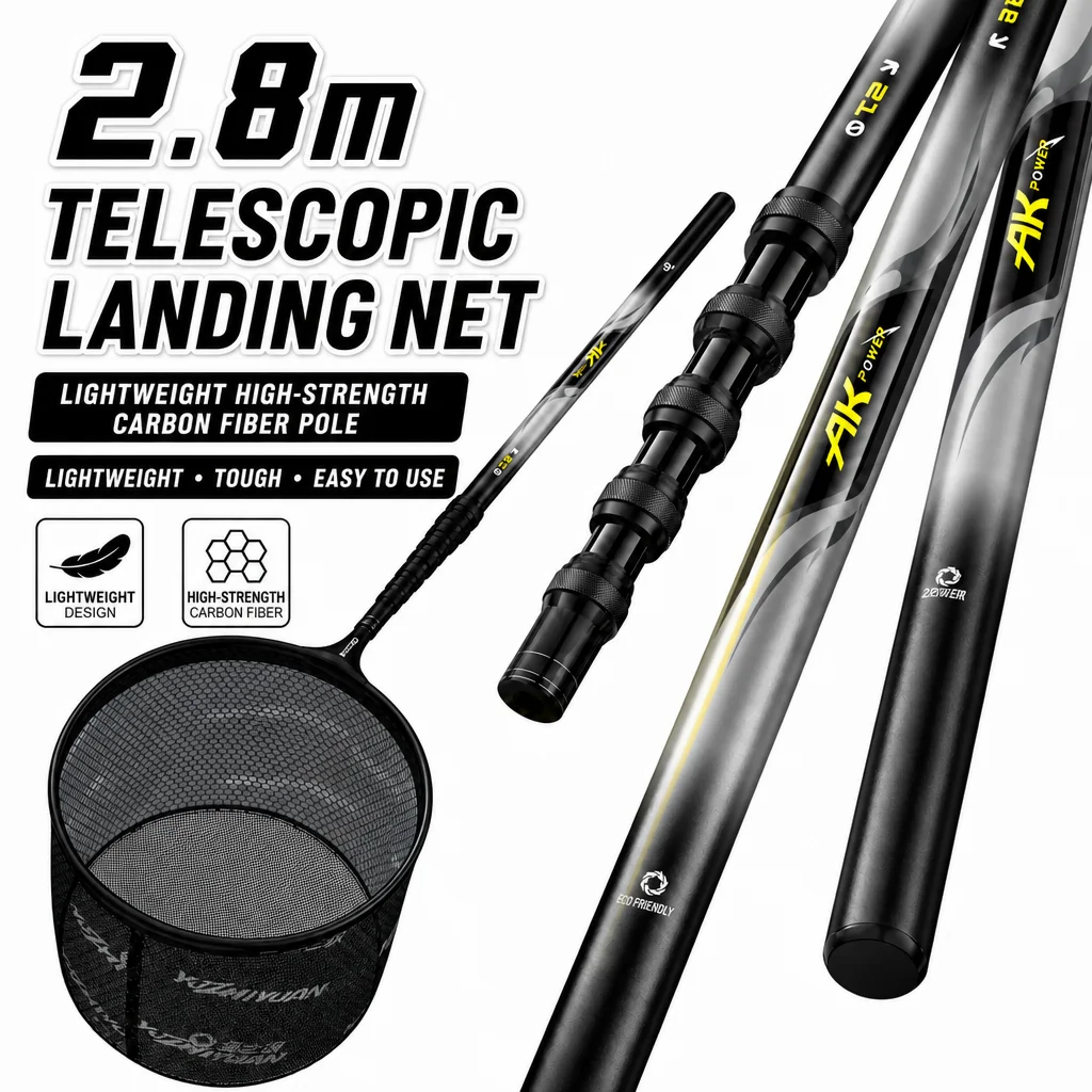 Telescopic Fishing Net 2.8m Carbon Fiber Landing Net with Lightweight Tough Pole for Freshwater Saltwater