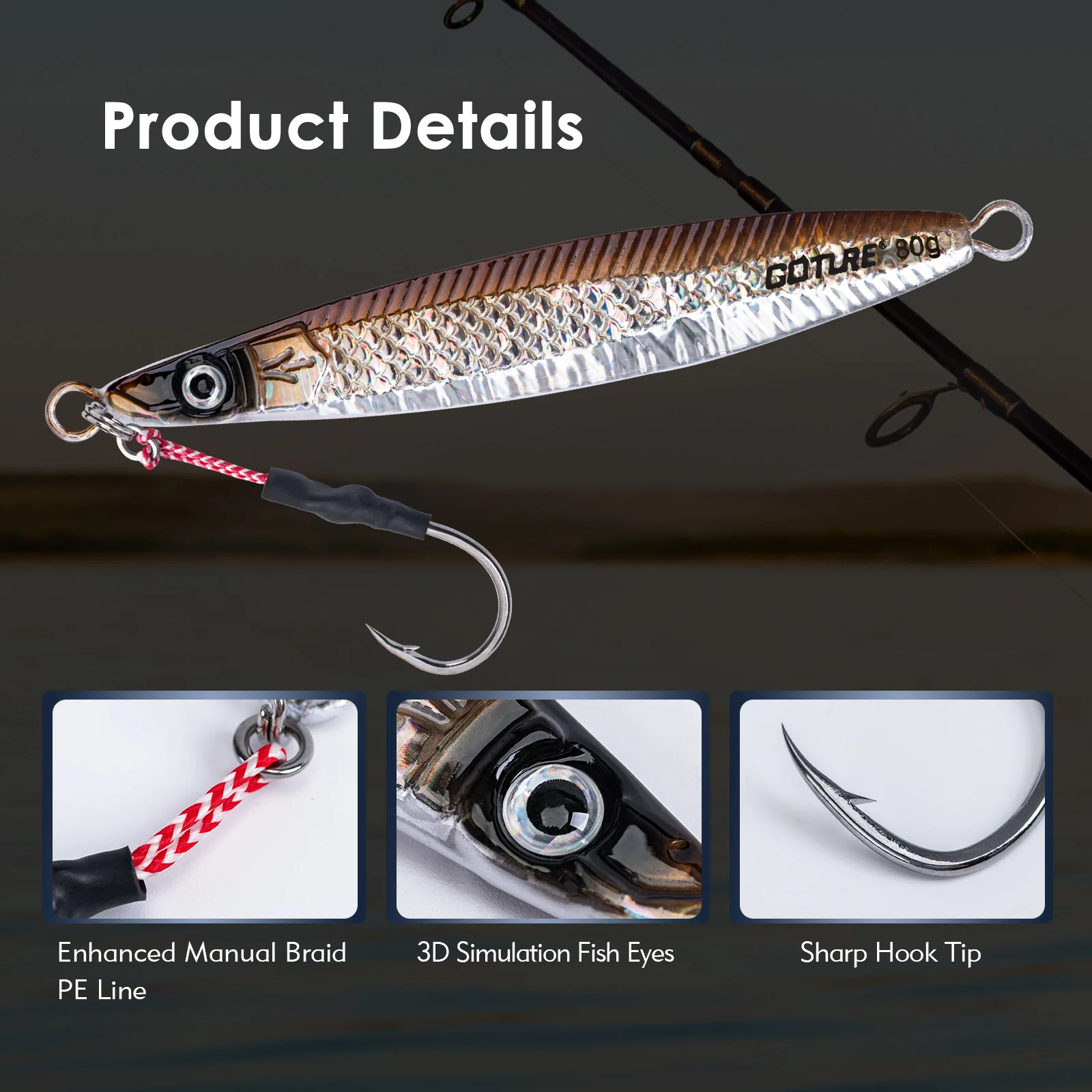 Goture 5pcs/lot Jigging Spoon Fishing Lure 80g 150g 200g With 3D Eyes And Hooks Luminous Deep Sea Hard Artificial Bait