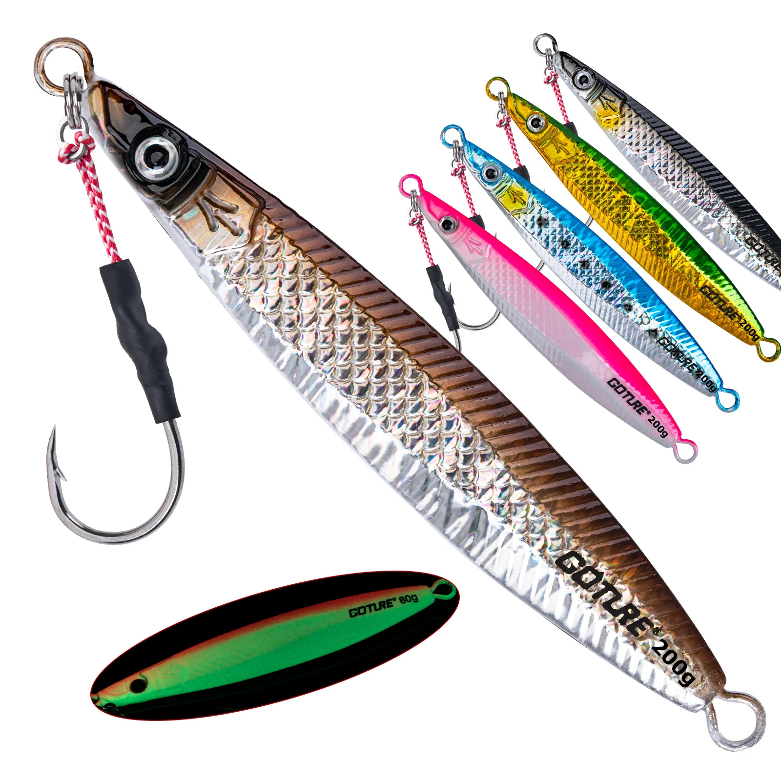 Goture 5pcs/lot Jigging Spoon Fishing Lure 80g 150g 200g With 3D Eyes And Hooks Luminous Deep Sea Hard Artificial Bait
