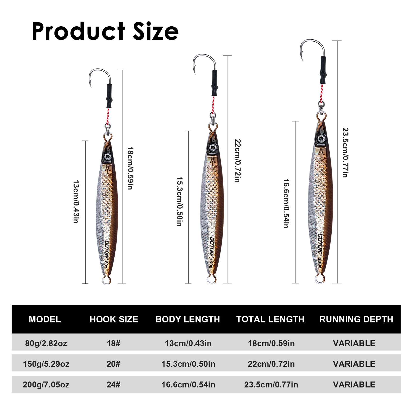 Goture 5pcs/lot Jigging Spoon Fishing Lure 80g 150g 200g With 3D Eyes And Hooks Luminous Deep Sea Hard Artificial Bait
