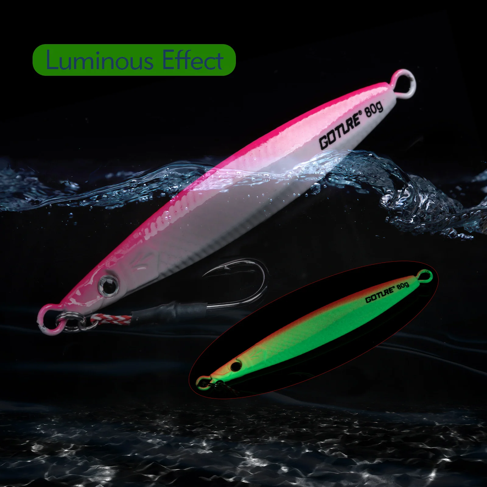 Goture 5pcs/lot Jigging Spoon Fishing Lure 80g 150g 200g With 3D Eyes And Hooks Luminous Deep Sea Hard Artificial Bait
