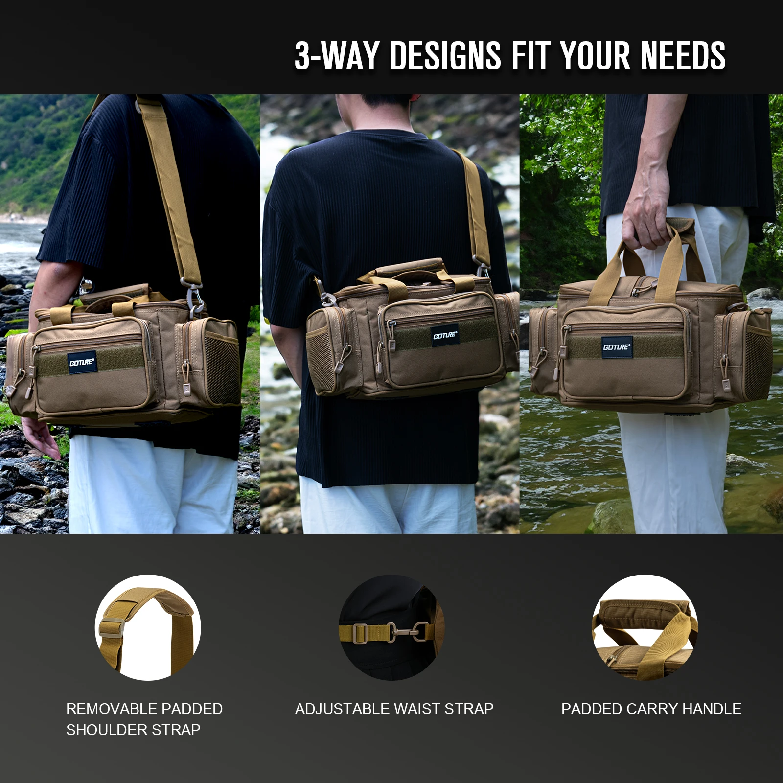 Goture Fishing Tackle Bags 38*23*19cm Shoulder Bag High Capacity 600D Oxford Cloth Outdoor Cycling Backpack Camping Picnic Bag