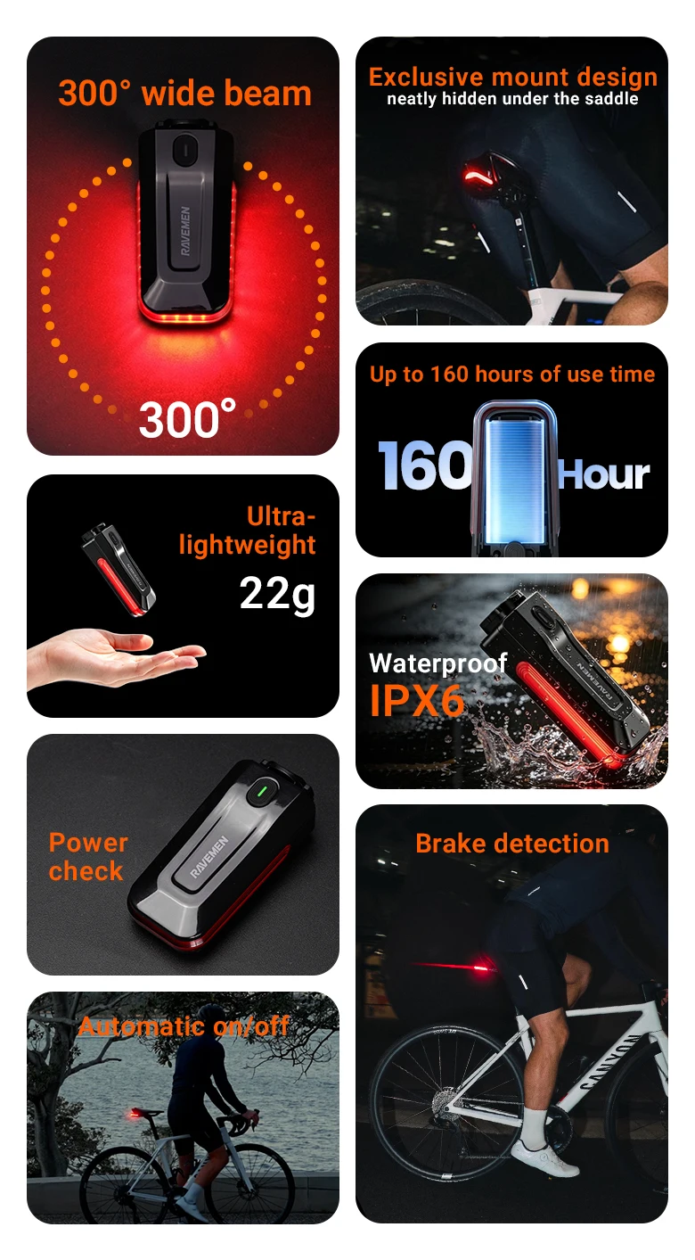 RAVEMEN CL50/CL100/CL200 Bike Rear Light Bicycle LED Taillight Lamp USB-C Rechargeable Auto On-off Brake Sensor Side Visibility
