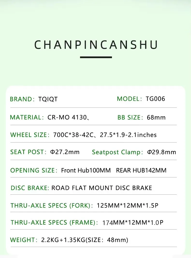 TQIQT Gravel Frame 700C Road Rack Off-Road Bicycle Rack 4130 Chromium Molybdenum Steel Barrel Shaft Disc Brake Frame Bike Part