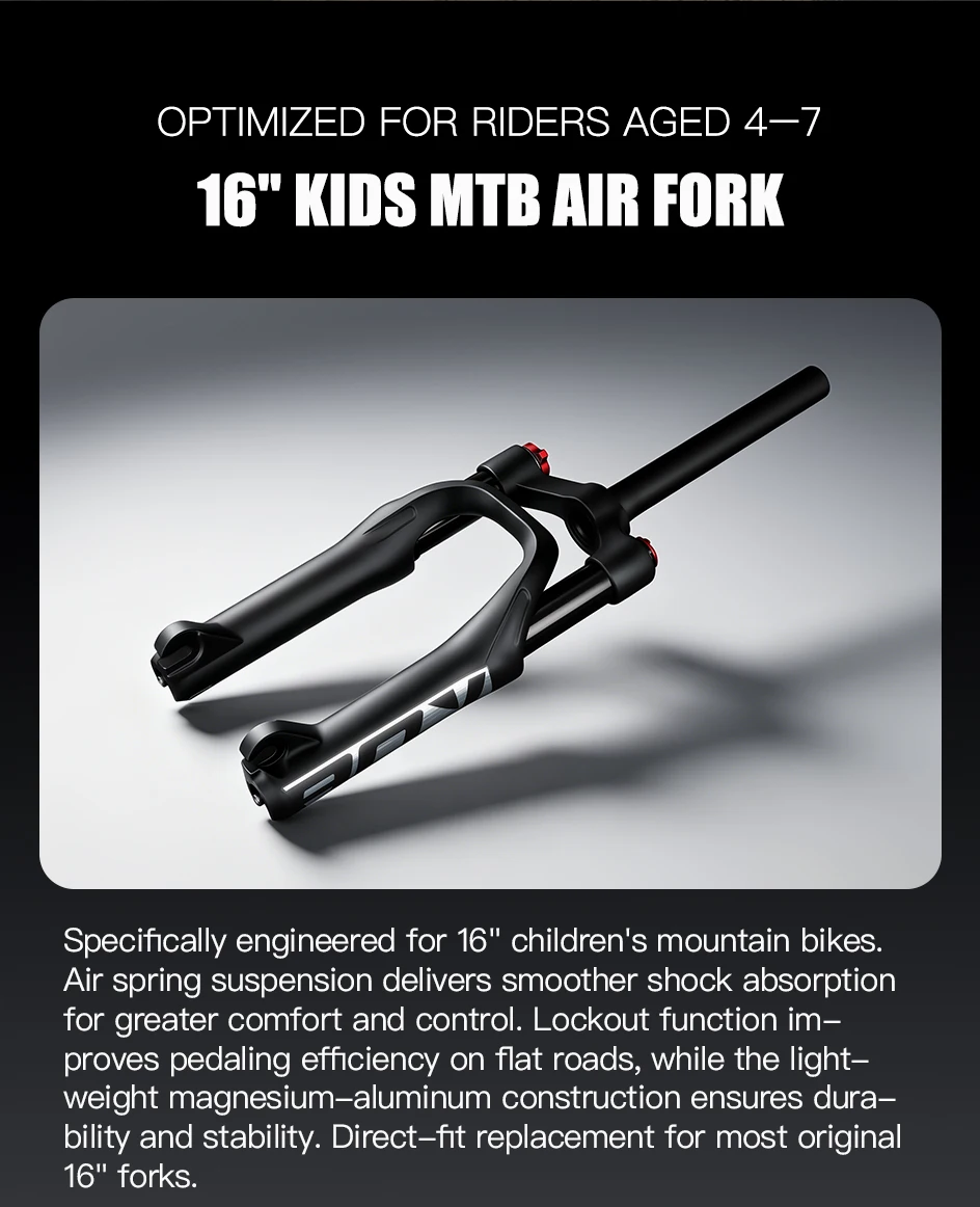 BOLANY Bicycle 16-inch Air Fork Children's Mountain Bike Suspension Fork Straight Tube 85mm Travel 9x100mm QR for MTB/Kids Bike