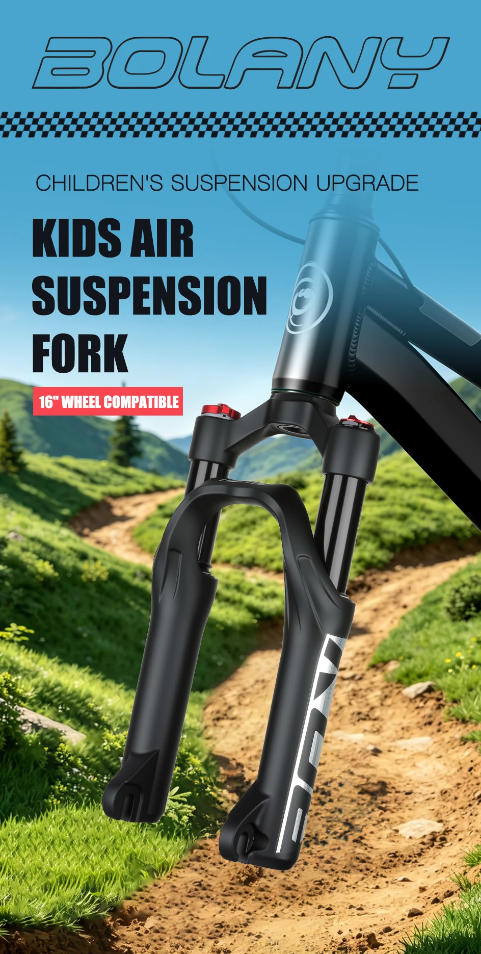 BOLANY Bicycle 16-inch Air Fork Children's Mountain Bike Suspension Fork Straight Tube 85mm Travel 9x100mm QR for MTB/Kids Bike