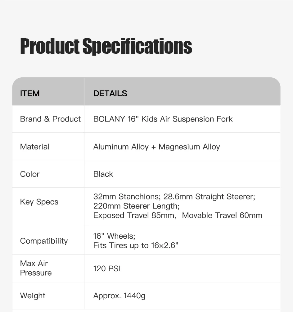 BOLANY Bicycle 16-inch Air Fork Children's Mountain Bike Suspension Fork Straight Tube 85mm Travel 9x100mm QR for MTB/Kids Bike