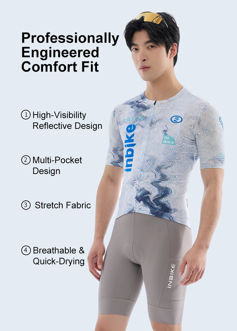 INBIKE New Men Short Sleeve Cycling Jersey Spring Summer Sweat Wicking Breathable Road Bike Clothing with Reflective Logo Design