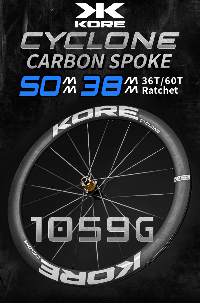 KORE CYCLONE Carbon Spoke Wheelset-50mm-T1000 Carbon Rims 36T/60T Ratchet Hub XDR/HG 700C Design for Ultra-Light Road Racing