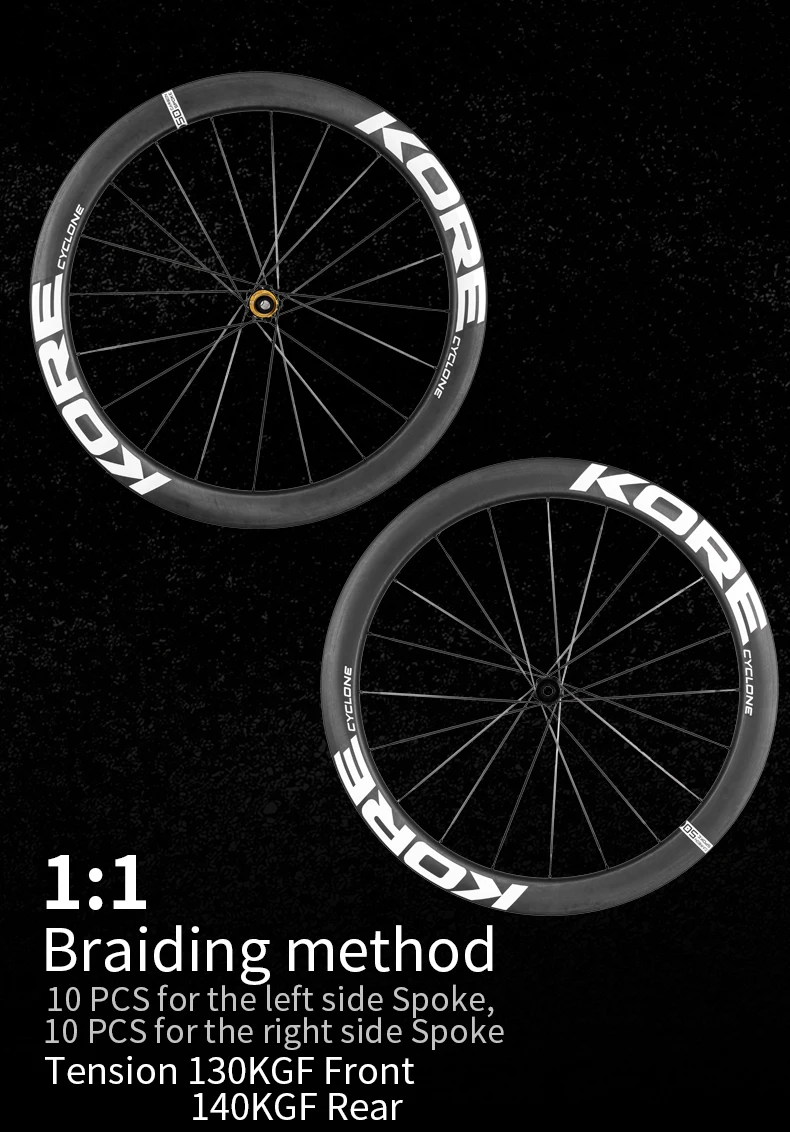 KORE CYCLONE Carbon Spoke Wheelset-50mm-T1000 Carbon Rims 36T/60T Ratchet Hub XDR/HG 700C Design for Ultra-Light Road Racing