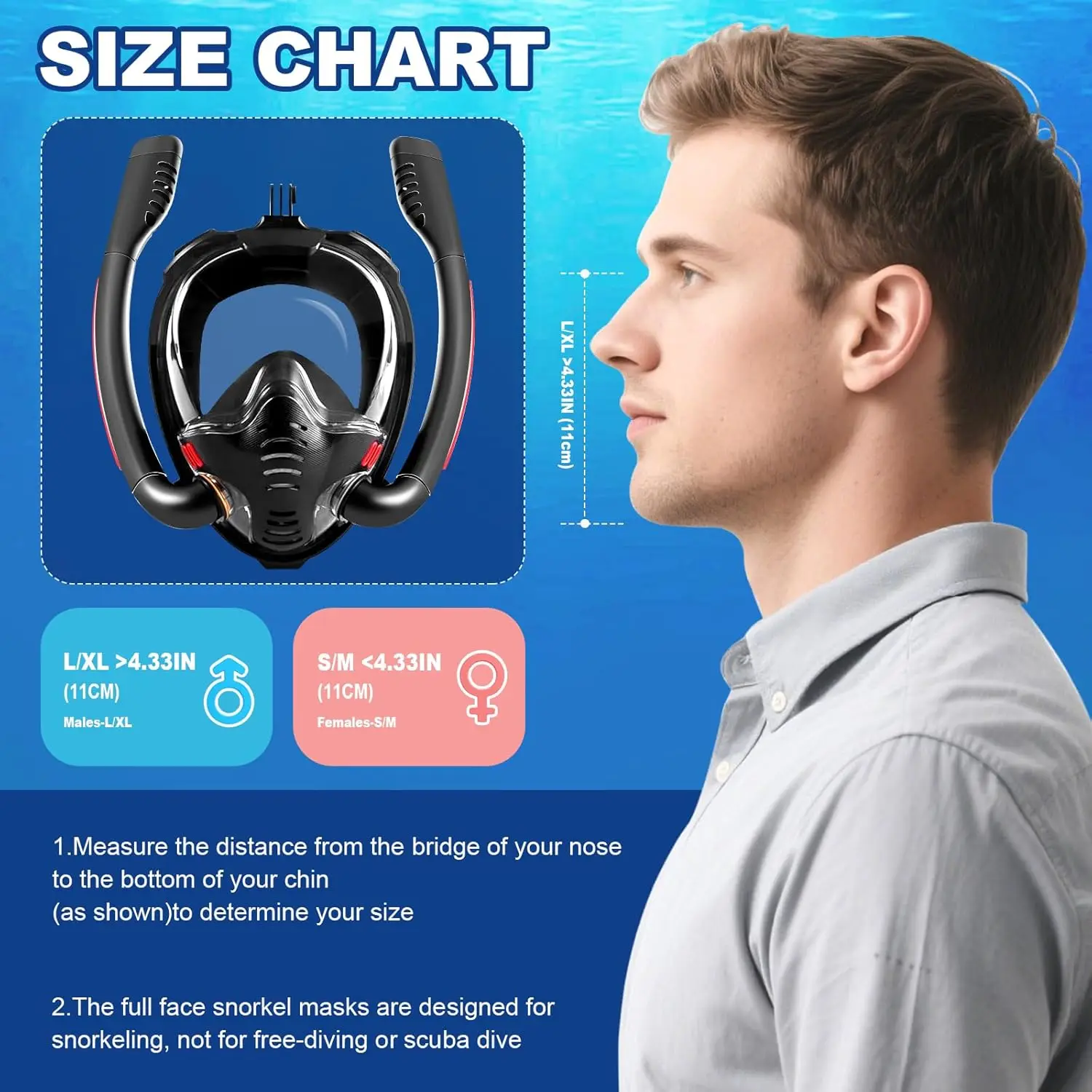 Adult Snorkelling Mask, Dual-Tube Swimming Mask, Silicone Inner Seal, Dry-Breathing System, Outdoor Beach Free-Diving Equipment