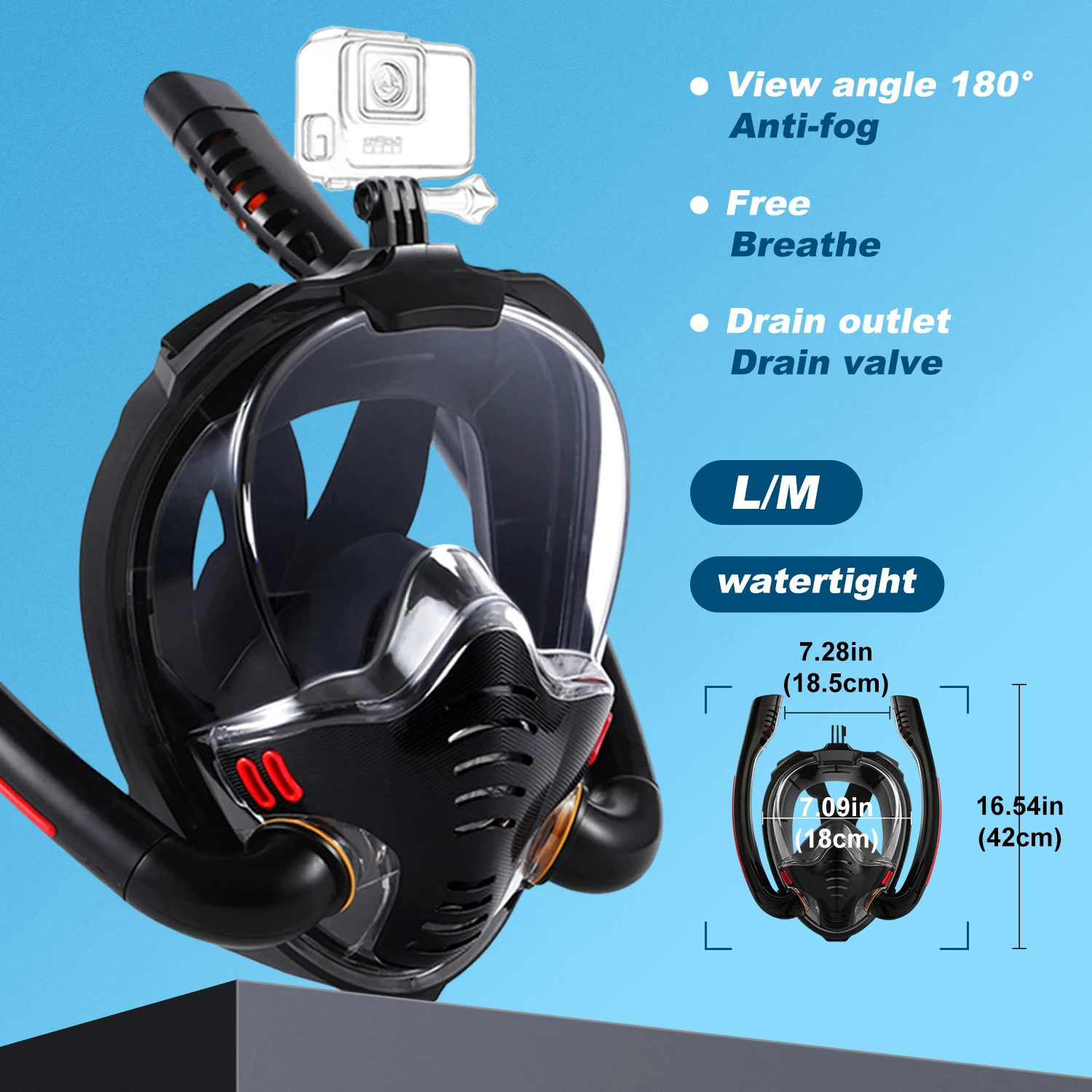 Adult Snorkelling Mask, Dual-Tube Swimming Mask, Silicone Inner Seal, Dry-Breathing System, Outdoor Beach Free-Diving Equipment