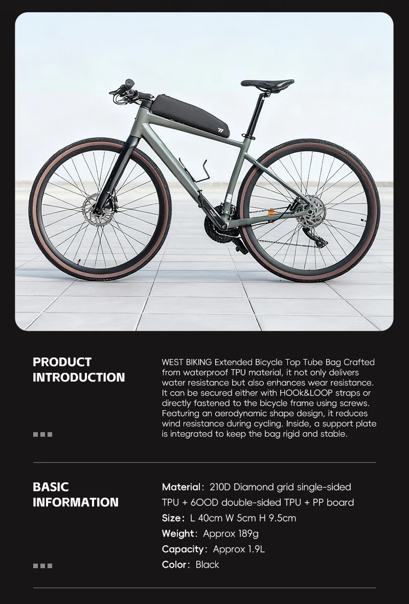 WEST BIKING Extended Bicycle Top Tube Bag 1.9L Narrow Cycling Front Frame Bag Screw&Strap Mount Waterproof BMX MTB Road Bike Bag