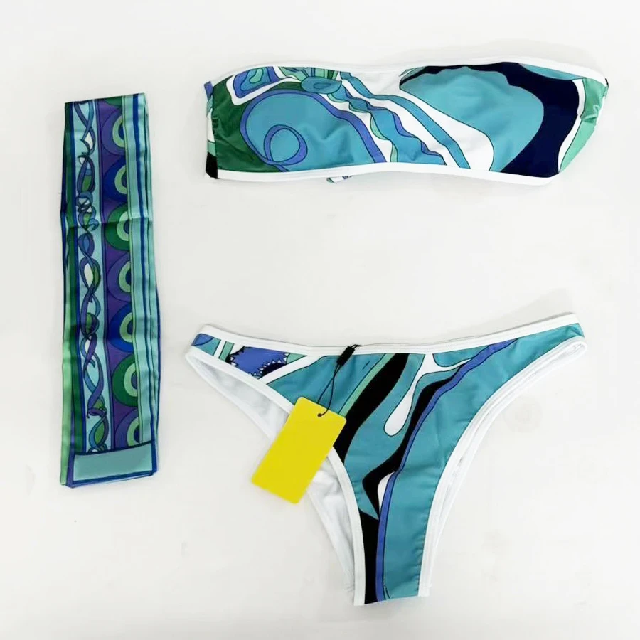 Classic Women's Green Ribbon Scarf Strapless Two-Piece Suits with Designer Signature Logo Luxury Women's Swimsuits Swimwear