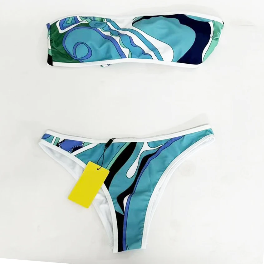 Classic Women's Green Ribbon Scarf Strapless Two-Piece Suits with Designer Signature Logo Luxury Women's Swimsuits Swimwear
