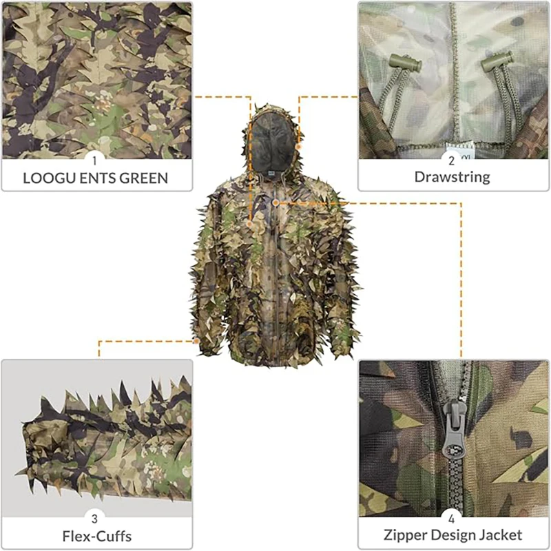 3D Leafy Camo Suit Hunting Camouflage Breathable Ghillie Suit Clothing Woodland Apparel for Hunting Airsoft Wildlife Photography