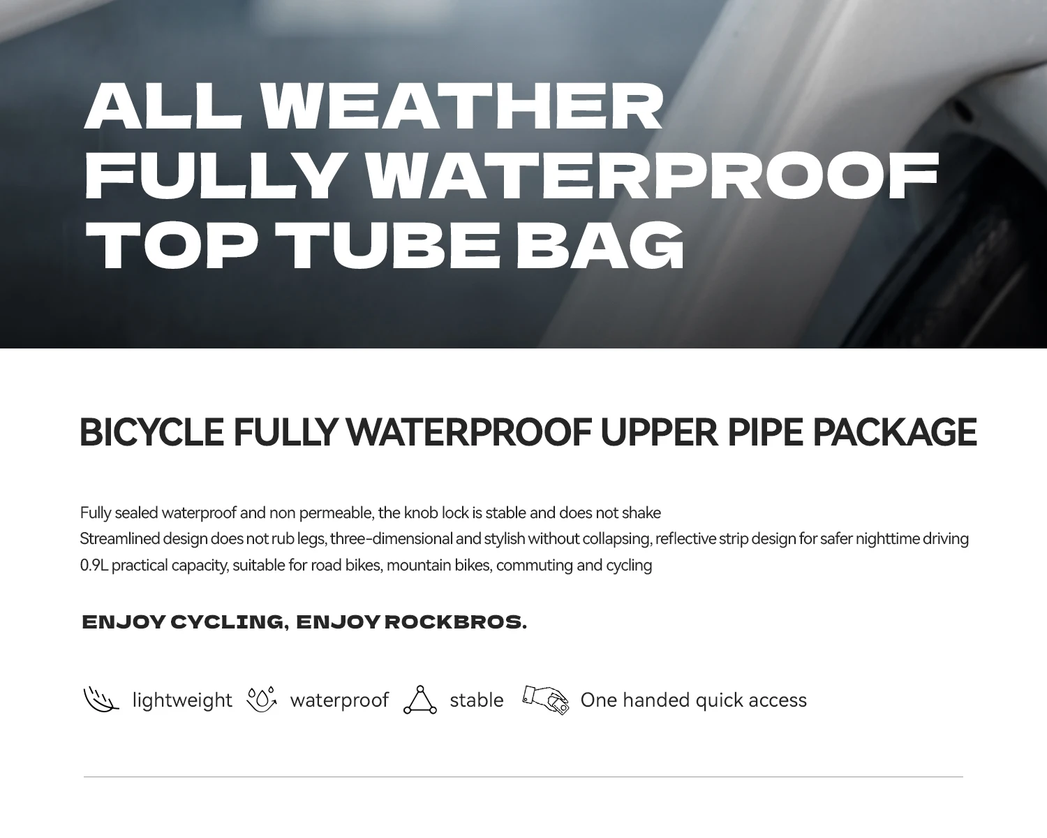 ROCKBROS Bicycle Top Tube Bag Lightweight Waterproof 0.9L Capacity Bag Item Storage Tools Bag Bike Frame Bag Bike Accessories