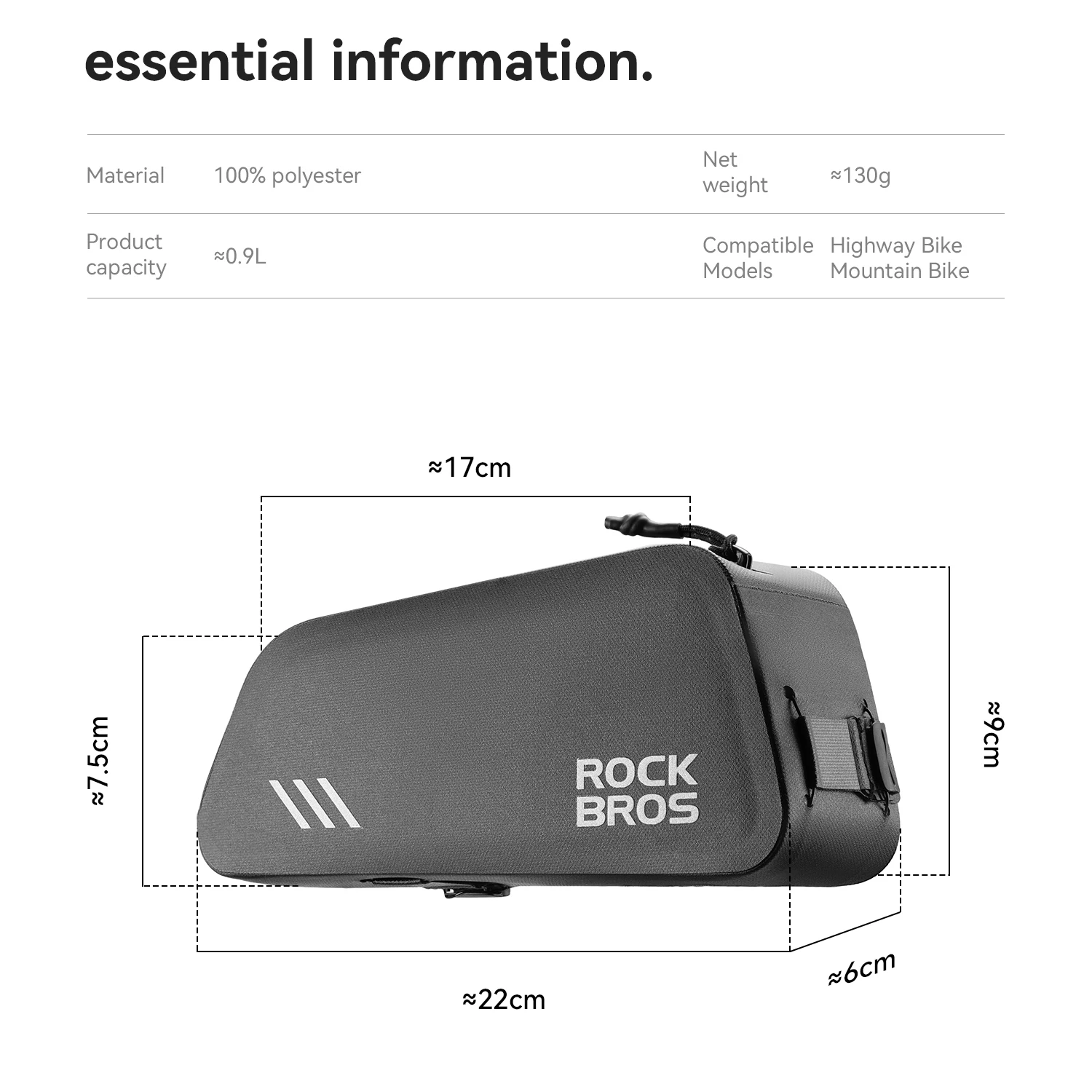 ROCKBROS Bicycle Top Tube Bag Lightweight Waterproof 0.9L Capacity Bag Item Storage Tools Bag Bike Frame Bag Bike Accessories