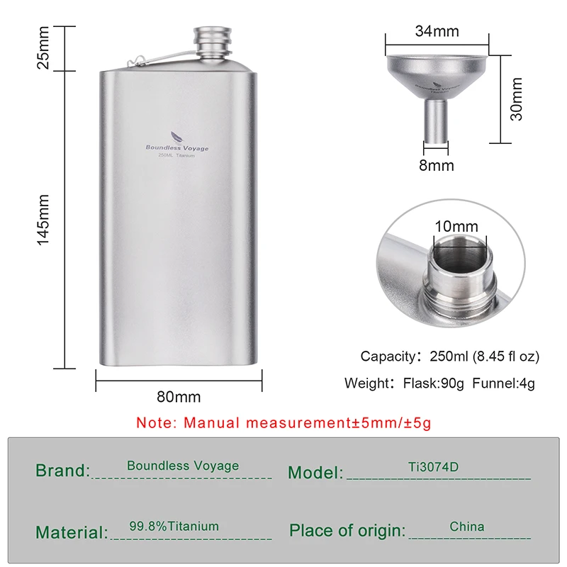 Boundless Voyage 250ml Titanium Hip Flask Ultralight Camping Flask Bottle for Whiskey Vodka Wine Outdoor Travel Equipment
