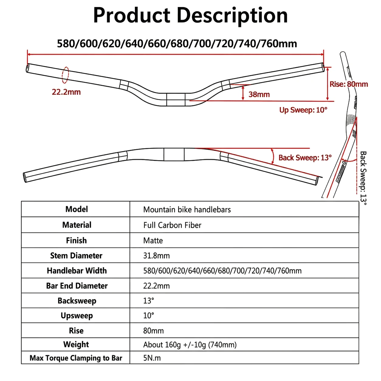 Syncros Carbon Bike Handlebars Mountain Bicycle Handlebar 13 Degrees Swallow-shaped Handle Bar 31.8mm Rise Bars 580mm-760mm