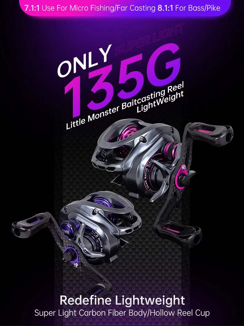 KINGDOM 135g Micro Monster Baitcasting Fishing Reel Ultralight Carbon Fiber Two Spools 7.1:1 8+1BB Max Drag 4KG Fishing Coil