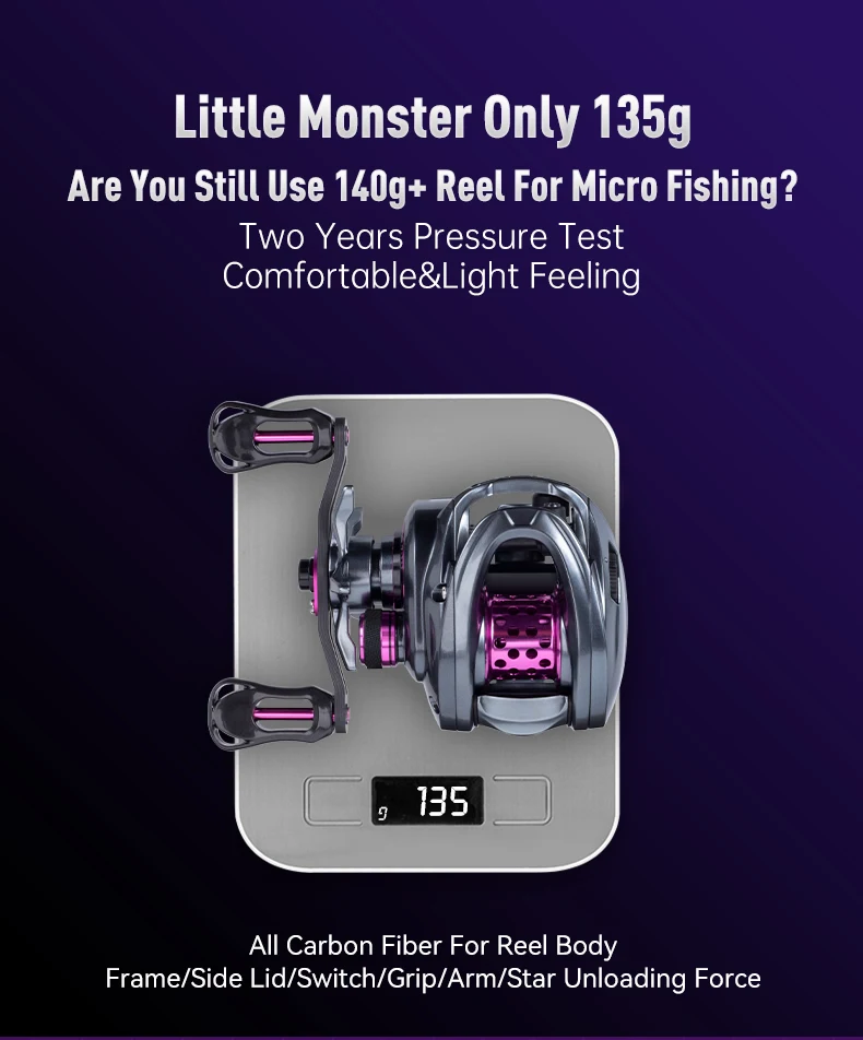 KINGDOM 135g Micro Monster Baitcasting Fishing Reel Ultralight Carbon Fiber Two Spools 7.1:1 8+1BB Max Drag 4KG Fishing Coil