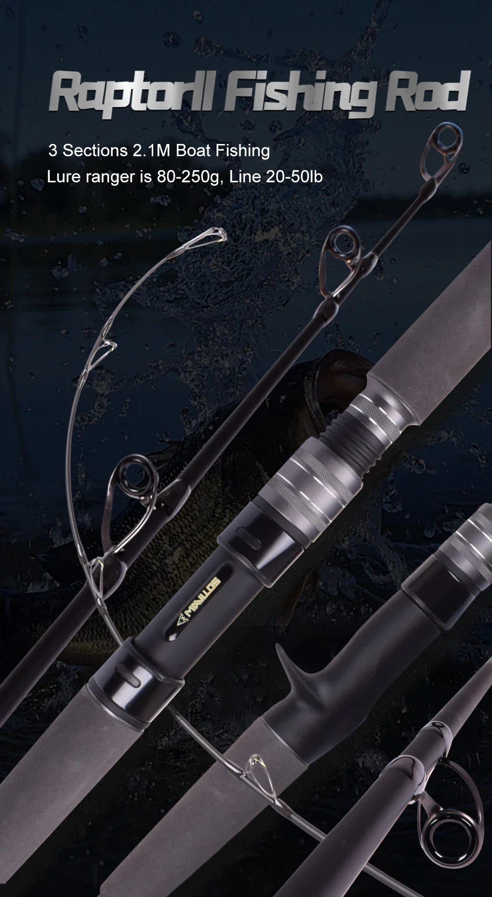 Mavllos RaptorII Tuna Casting Fishing Rod ,Lure 80-250g Line 20-50lb 3 Sections 2.1M Light Carbon Bass Fishing Spinning Rod