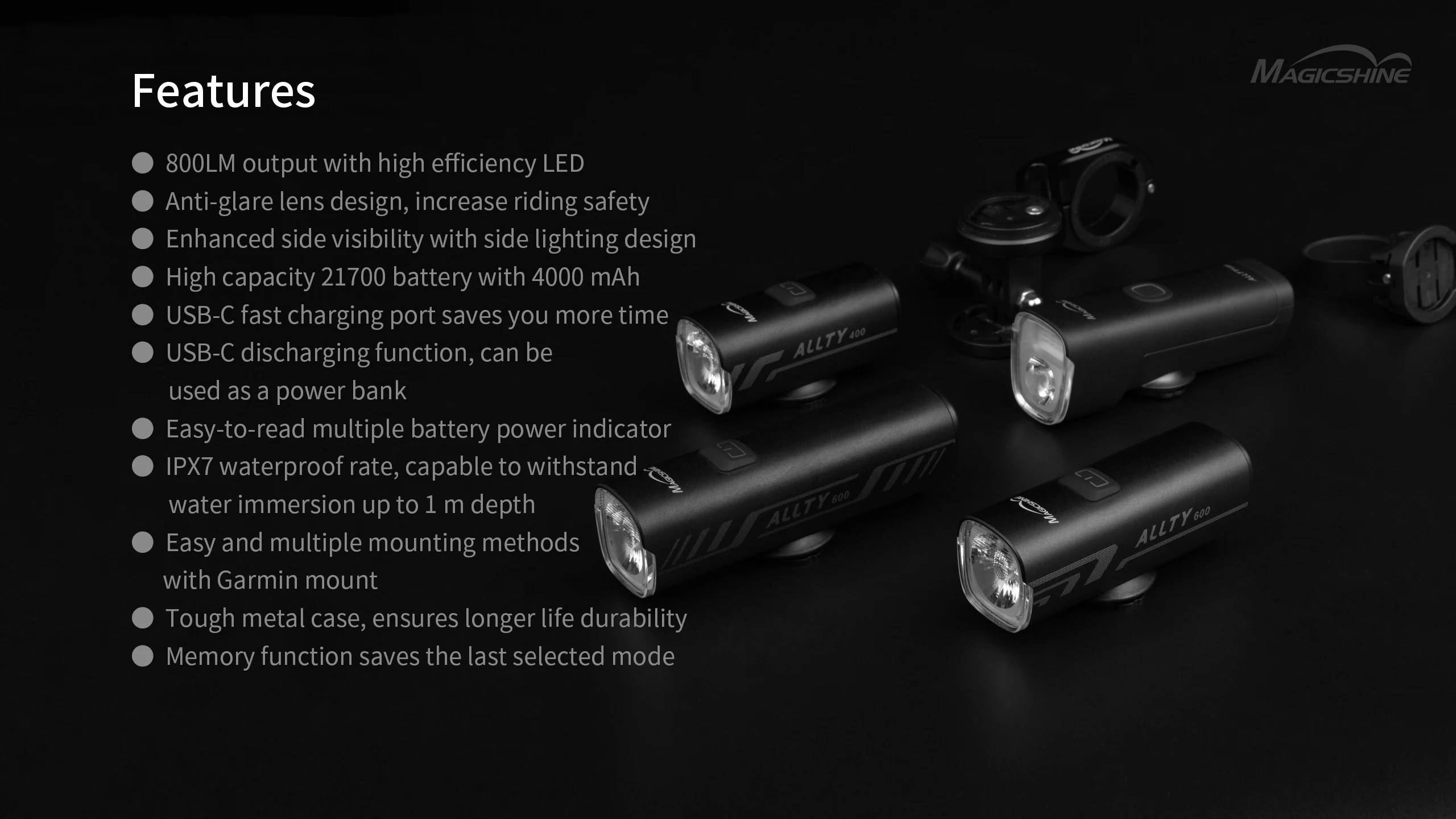 Magicshine Bike Light ALLTY 800, IPX7, Type-C Reverse Charging, Powerful Bike Headlight Compatible with Mountain, Kids, Street