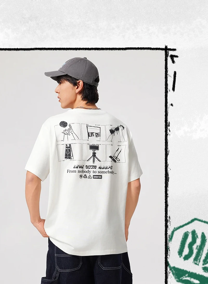 Li-Ning Men's BADFIVE T-shirt 100%Cotton Loose Fit Comfortable LiNing Casual Short Sleeve Basketball Culture Tee Tops AHSV027