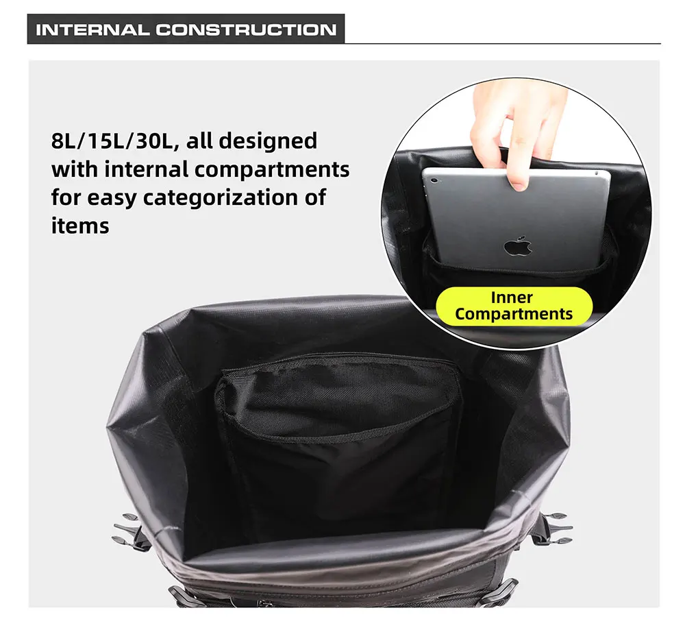 Rhinowalk Motorcycle Tail Bag 8L/15L/30L 100% Waterproof Motor Side Seat Tank Bag Saddle Pannier Bag Motorbike Backpack Suitcase