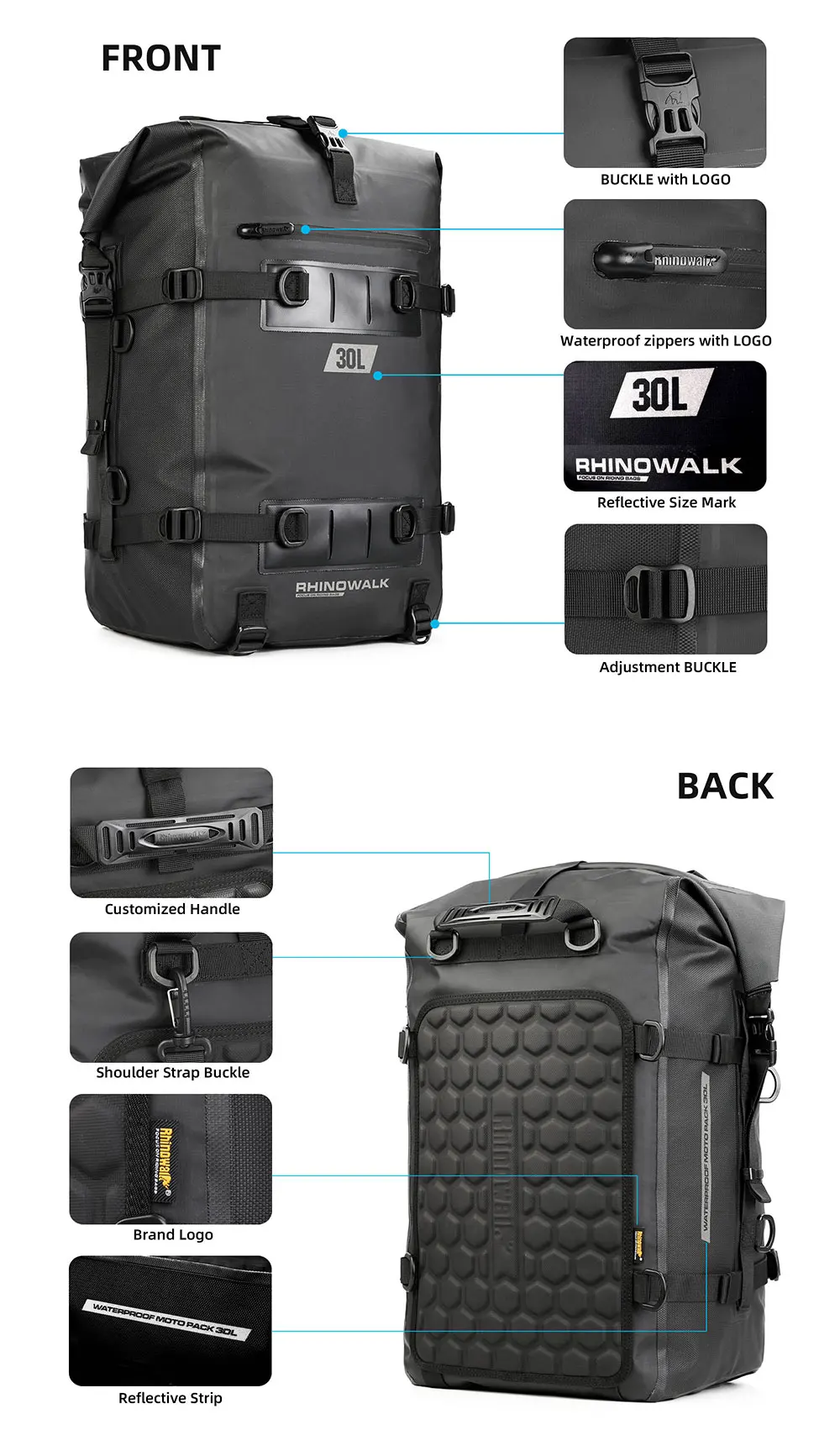 Rhinowalk Motorcycle Tail Bag 8L/15L/30L 100% Waterproof Motor Side Seat Tank Bag Saddle Pannier Bag Motorbike Backpack Suitcase