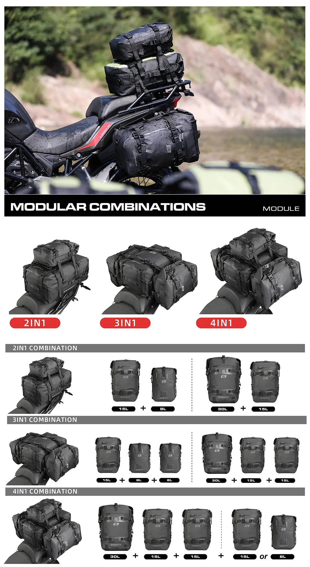 Rhinowalk Motorcycle Tail Bag 8L/15L/30L 100% Waterproof Motor Side Seat Tank Bag Saddle Pannier Bag Motorbike Backpack Suitcase