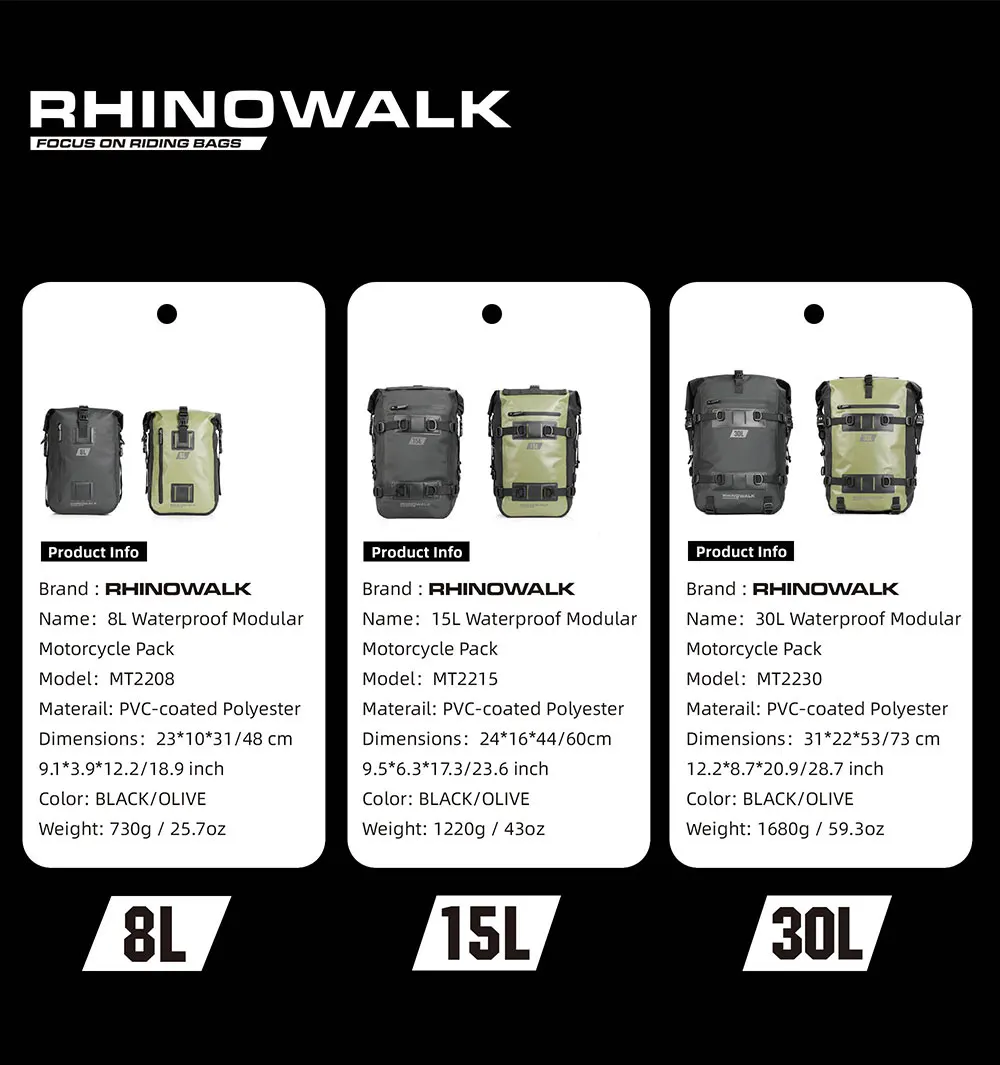 Rhinowalk Motorcycle Tail Bag 8L/15L/30L 100% Waterproof Motor Side Seat Tank Bag Saddle Pannier Bag Motorbike Backpack Suitcase