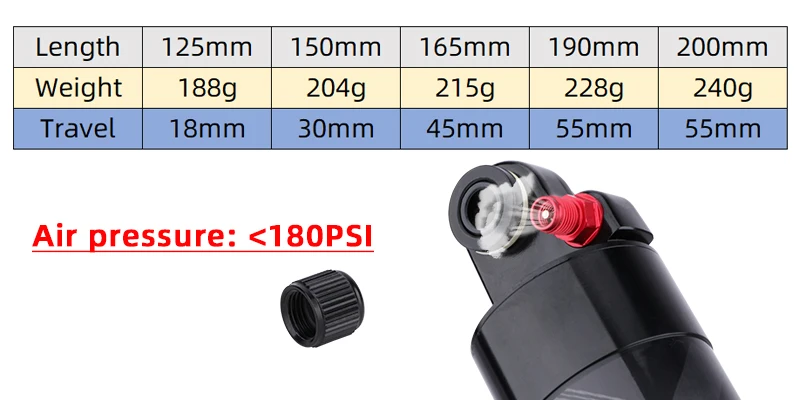 MEROCA Mountain Bike Air Shock Absorber 125mm/150mm/165mm/190mm/200mm Scooter Alloy MTB Folding Bicycle Rear Shock Cycling Parts