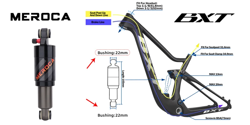 MEROCA Mountain Bike Air Shock Absorber 125mm/150mm/165mm/190mm/200mm Scooter Alloy MTB Folding Bicycle Rear Shock Cycling Parts