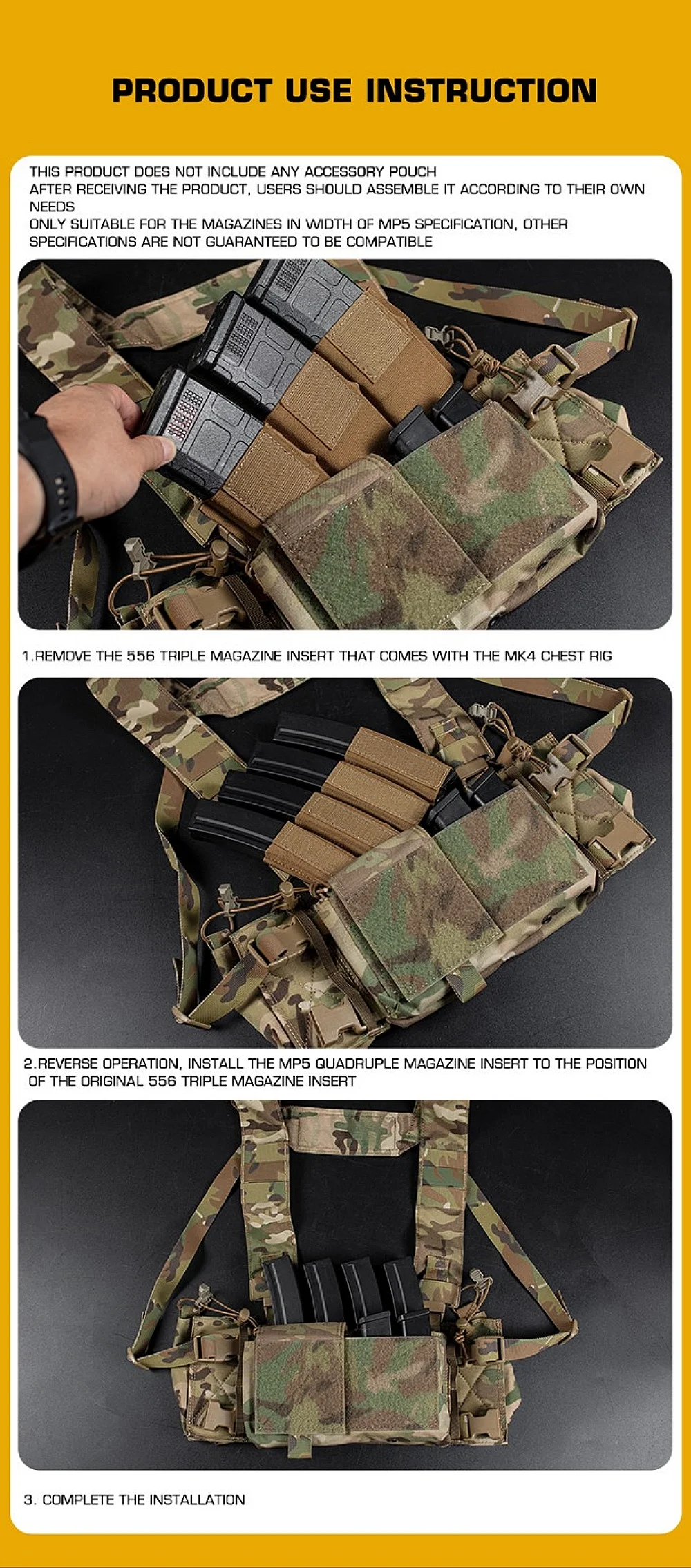 Hunting MP5 MP7 Magazine Holder with Hook Fasteners for MK3 and MK4 Chest Rig MK4 Chest Rig MP5 Magazine Insert