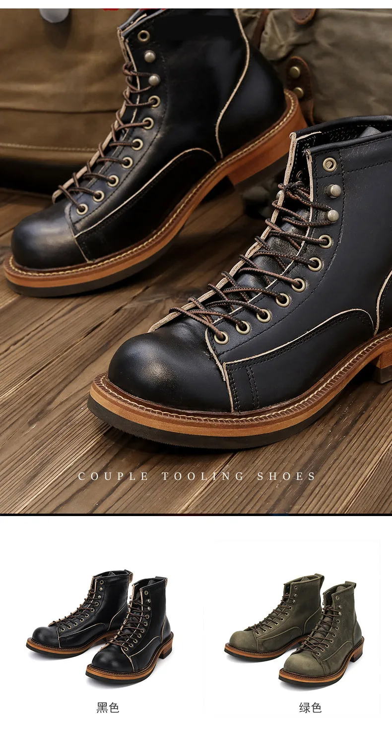 KOWM Cowhide Hiking Shoes Men's Walking Boot British Trekking Shoes Thick Soled Cowhide High Top Motorcycle Boots Ankle Sneakers